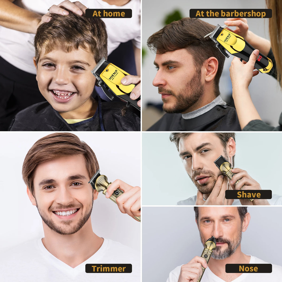 A collection of grooming tools including a hair trimmer, a barber-style hair dryer, and a nose shaver.
