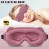 A pink 3D sleeping mask is shown being worn by a woman, with the product lying flat below.