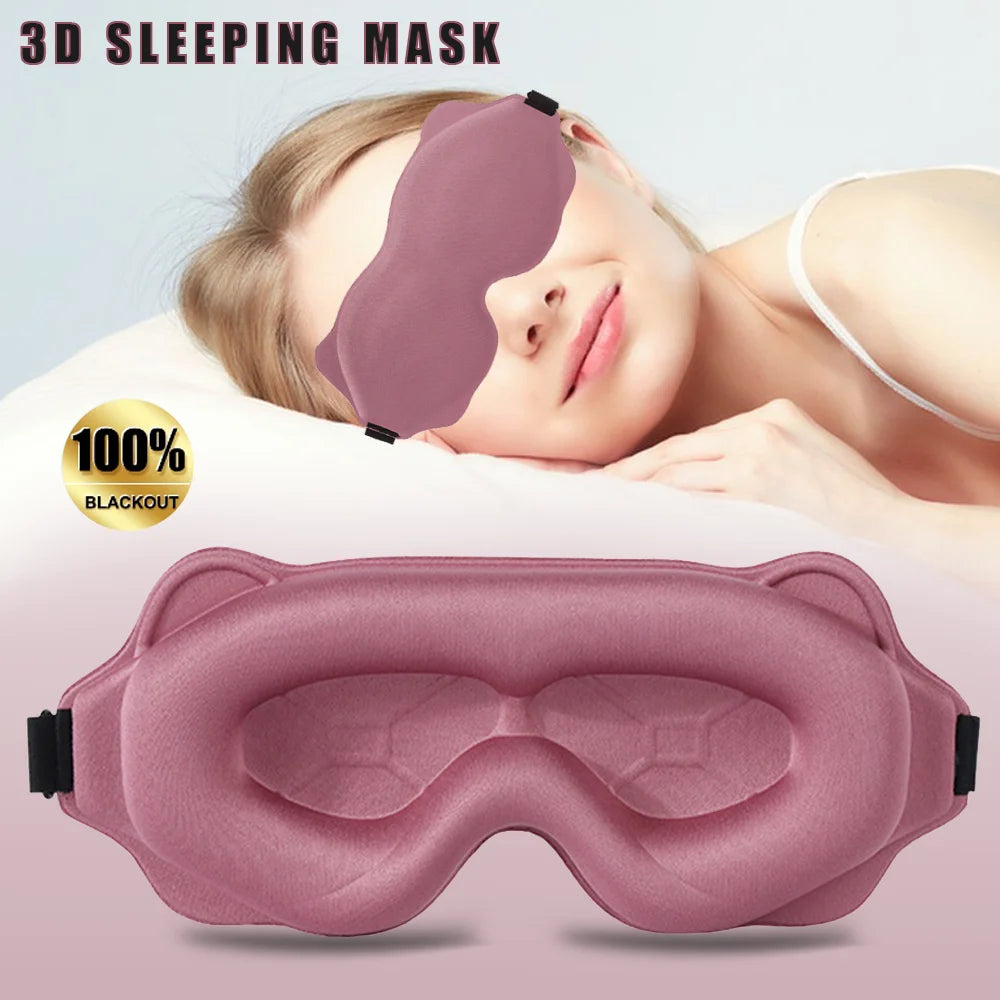 A pink 3D sleeping mask is shown being worn by a woman, with the product lying flat below.