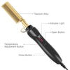 A gold titanium alloy heat comb hair straightener with an indicator light and temperature adjustment buttons.