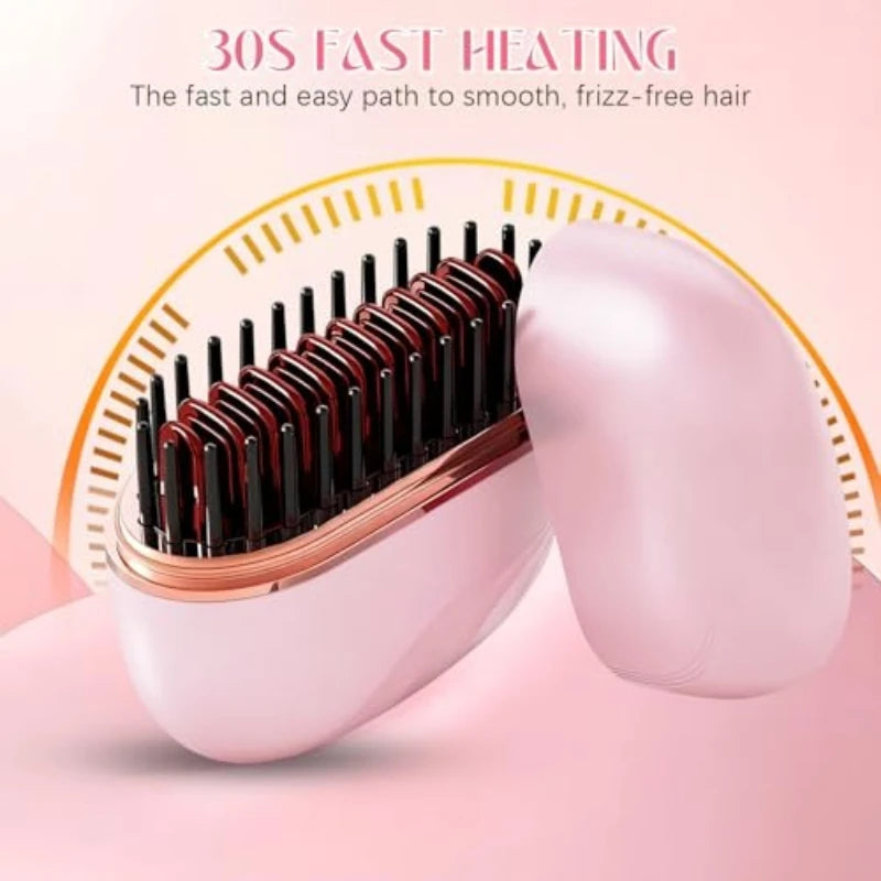 A pink portable mini hair straightener with a gold-toned heating plate and a white casing is shown on a pink background.
