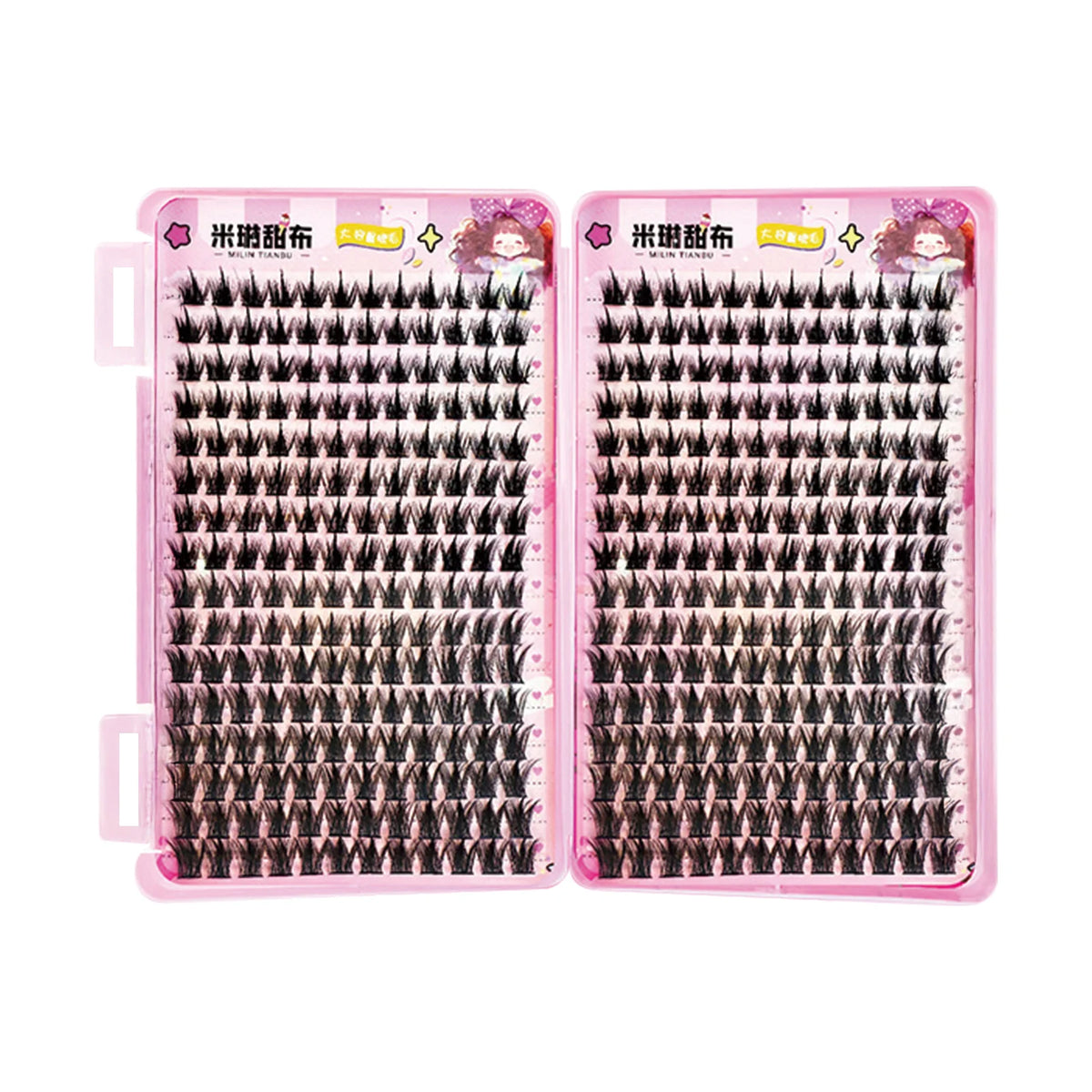 A pair of pink eyelash extension strips with black false lashes are displayed in a packaging box.