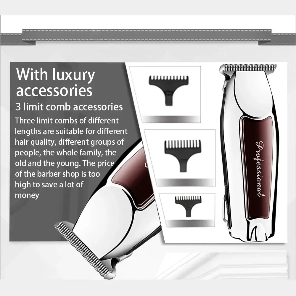 A professional rechargeable beard and hair trimmer with various comb accessories shown in packaging.