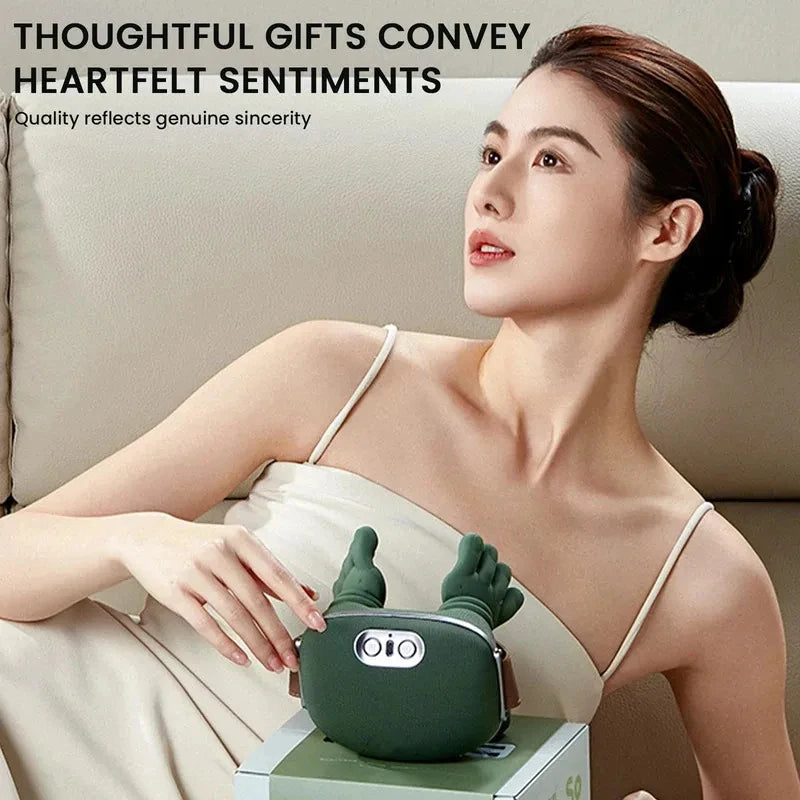 A woman is holding a green deep tissue shiatsu massager for neck and shoulder relief.