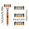 A set of three orange and black multi-blade safety razors shown with dimensions.