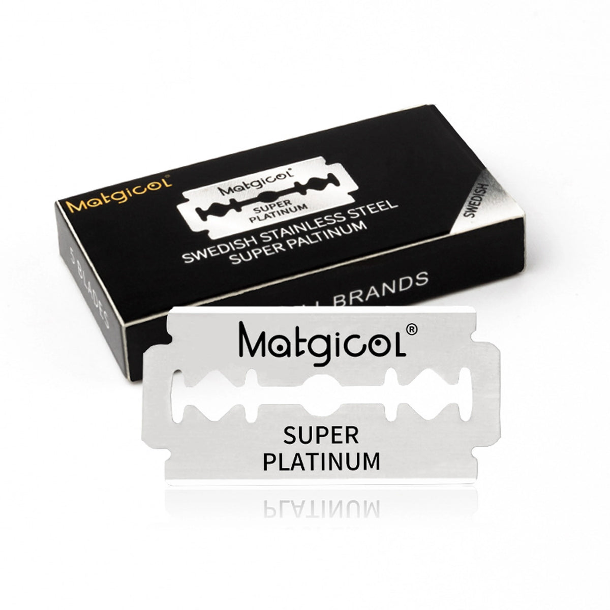Matgicol Super Platinum Edelstahl-Rasierklingen mit Doppelkant in schwarzer Box und einer losen Klinge