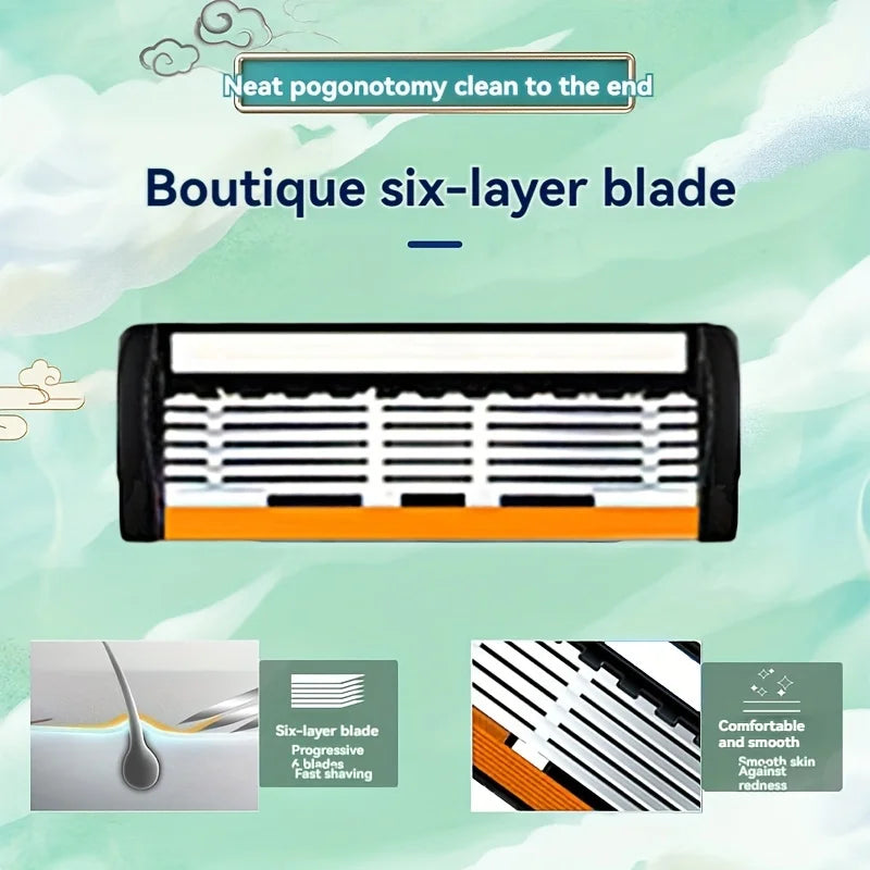 Une lame à six couches avec un design orange et noir, montrée avec des gros plans de la lame et de la peau.