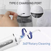 A white portable water flosser is shown with a Type C charging port and a 360° rotary cleaning feature.