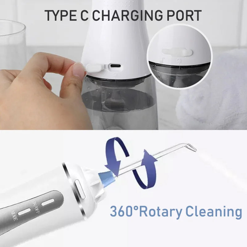 A white portable water flosser is shown with a Type C charging port and a 360° rotary cleaning feature.