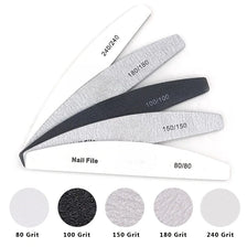 A set of professional nail files showing various grits from 80 to 240, including white and black options.