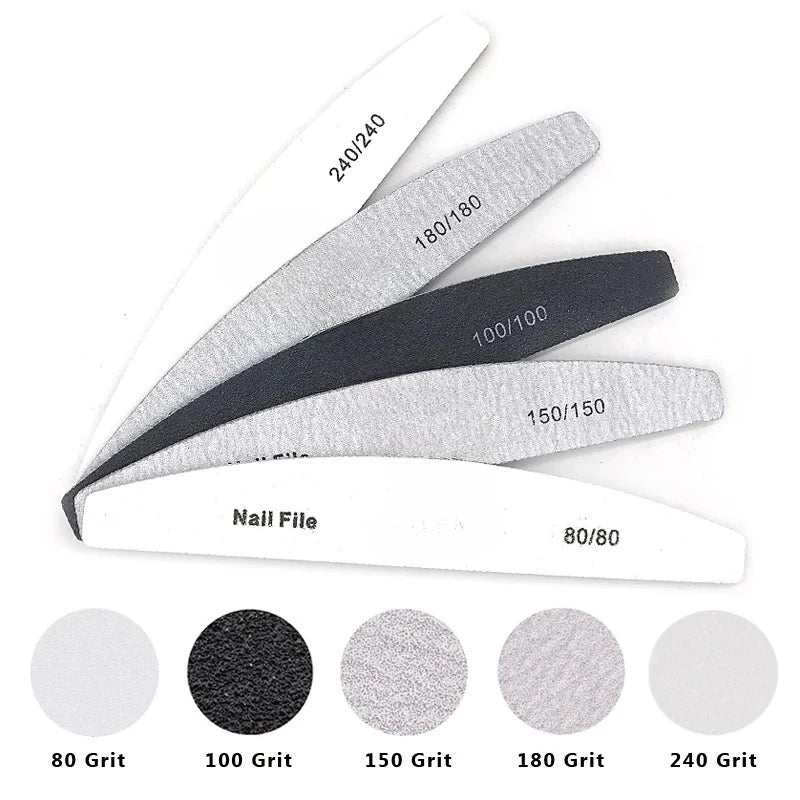 A set of professional nail files showing various grits from 80 to 240, including white and black options.