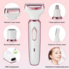 A white and pink 4-in-1 rechargeable epilator device shown with various interchangeable heads for facial and body hair remova