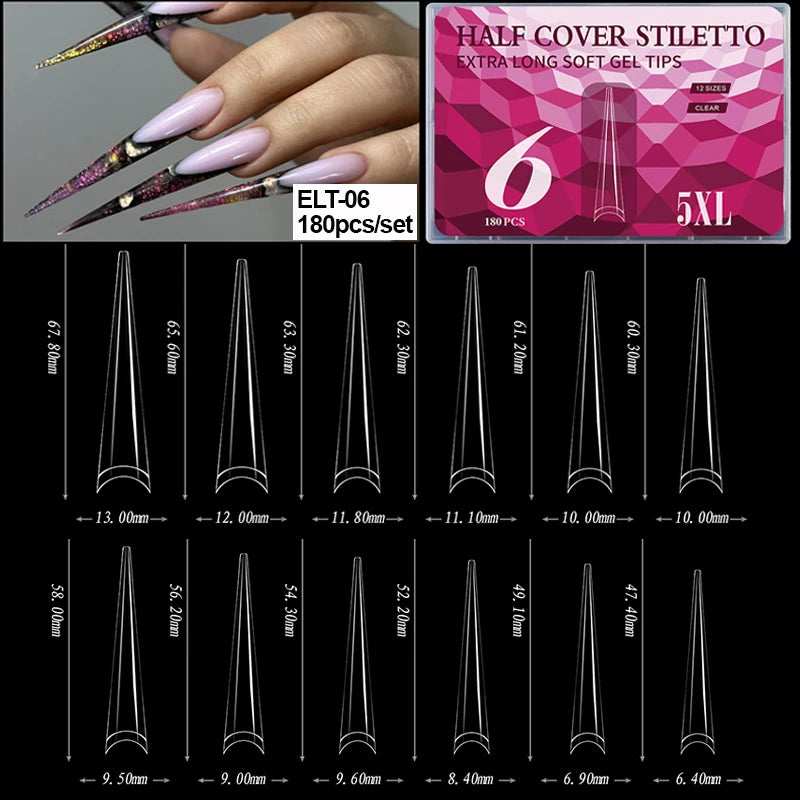 Collection de différentes tips en gel souple extra longues, variées en taille et forme, sur fond blanc.