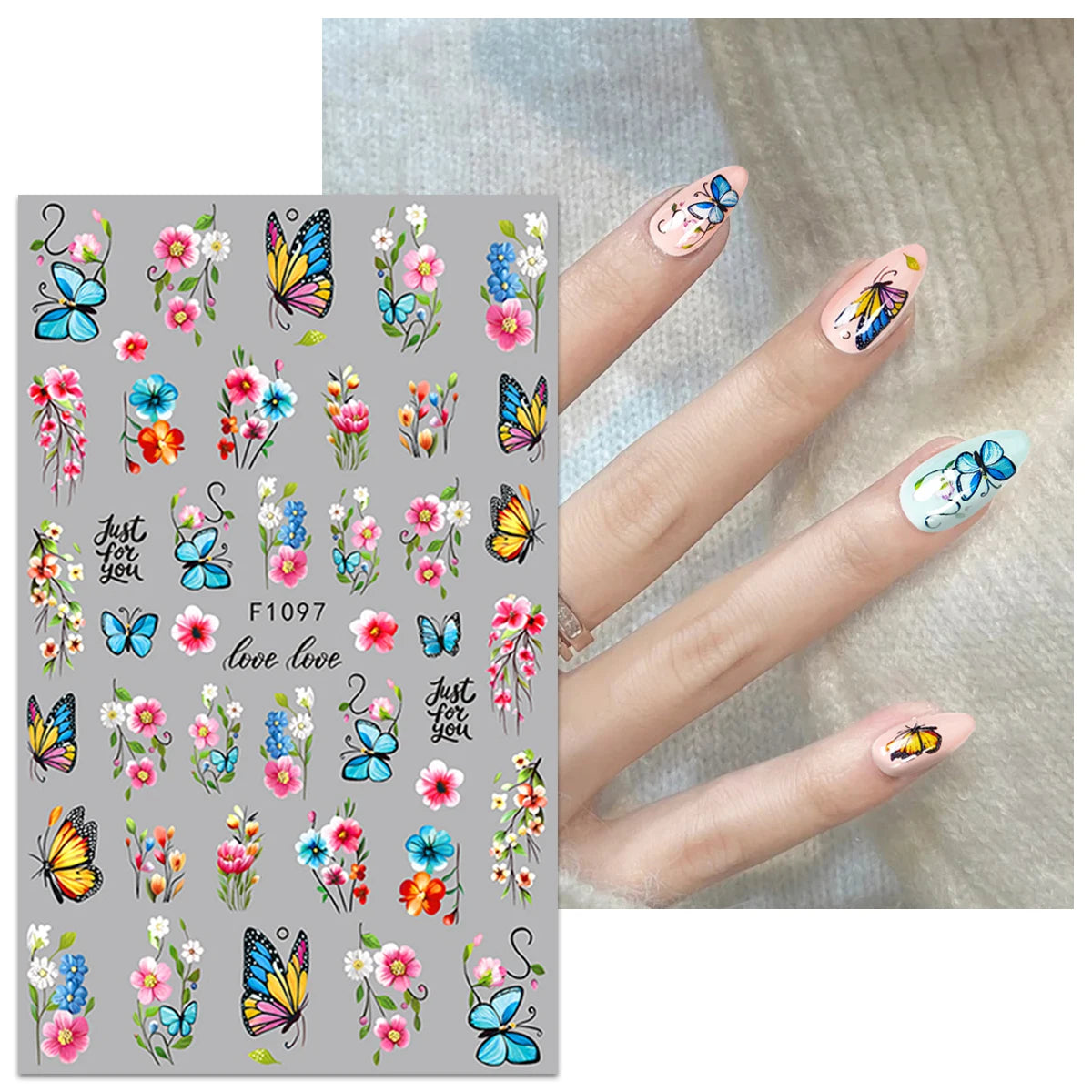 A set of flower and butterfly nail stickers for DIY decoration shown on a hand.