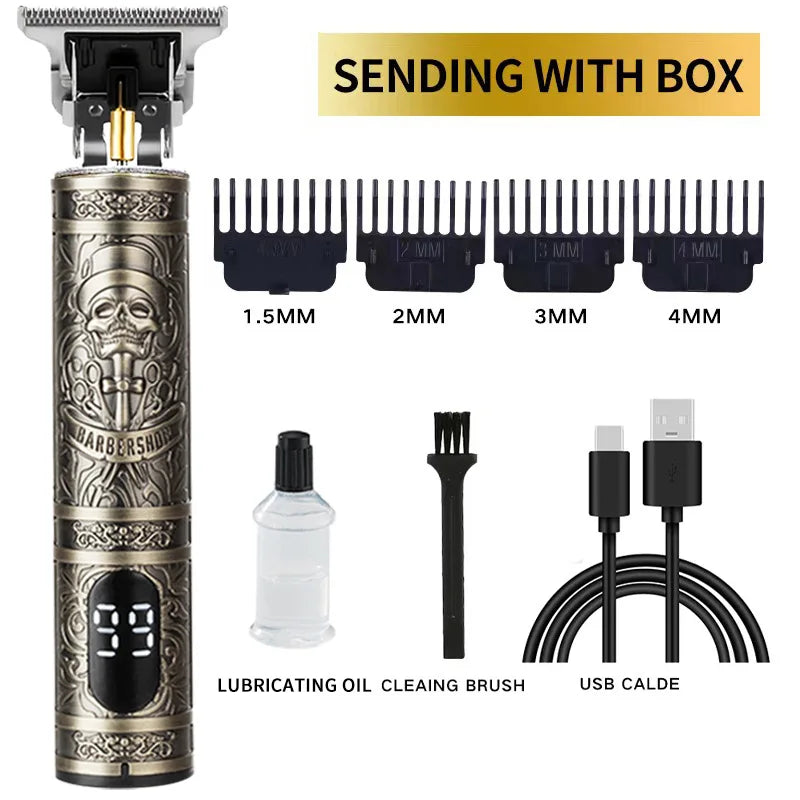 Electric hair clipper with various size guards, lubricating oil, cleaning brush, and USB cable