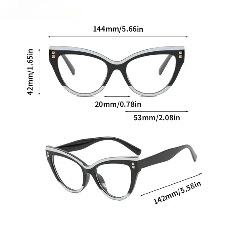 Paire de lunettes à œil de chat noires et argentées, vues de face et de profil.