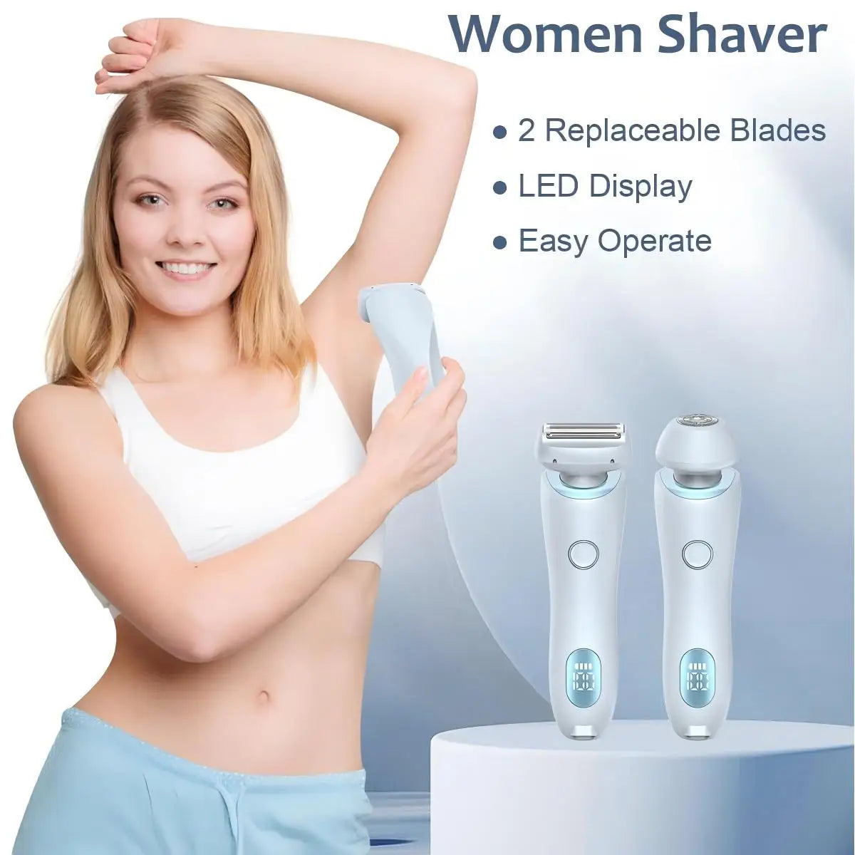 A woman is demonstrating a women shaver with two replaceable blades, an LED display, and easy operation.