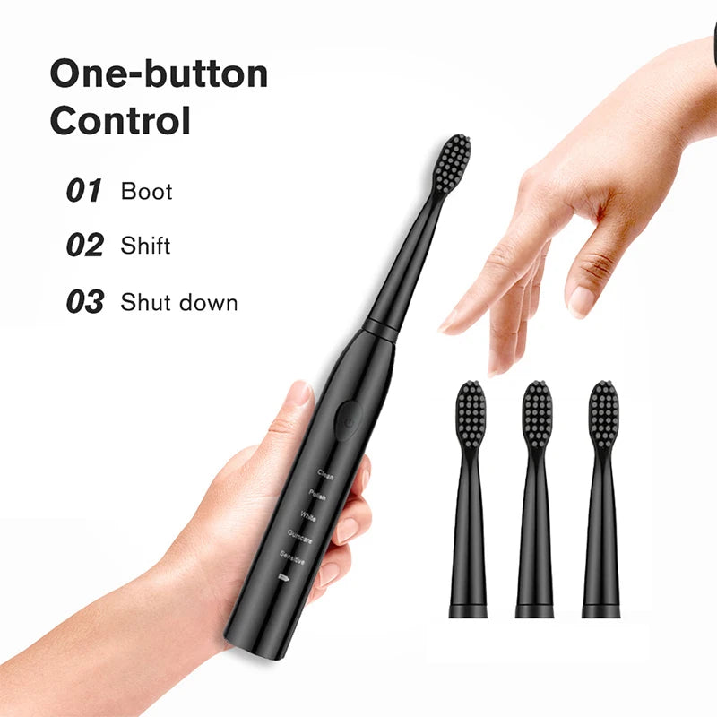 A hand holds a black ultrasonic electric toothbrush, demonstrating the one-button control features.