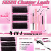 A pink box showing a 4 in 1 cluster lash kit with lashes, adhesive, and tweezers for DIY lash extensions.