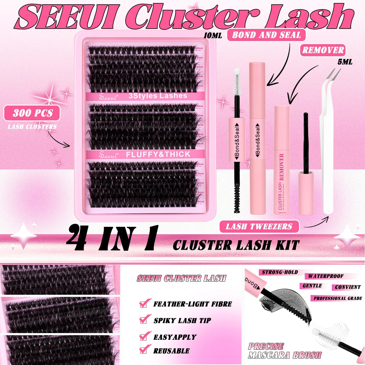 A pink box showing a 4-in-1 cluster lash kit with lashes, adhesive, and tweezers.