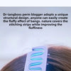 A close-up of a white hair styling comb with blue accents is shown being used on dark hair.