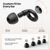 Black reusable silicone ear plugs shown with various sizes and components for custom fit