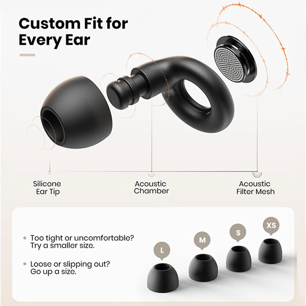 Black reusable silicone ear plugs shown with various sizes and components for custom fit