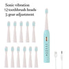 A light blue ultrasonic electric toothbrush with 12 brush heads and a 5-gear adjustment system.