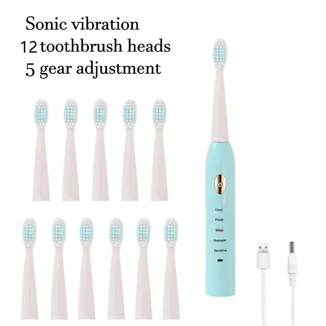 A light blue ultrasonic electric toothbrush with 12 brush heads and a 5-gear adjustment system.