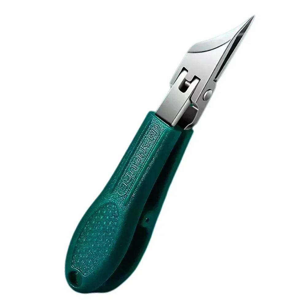 A close-up view of a green stainless steel slant edge nail clipper.
