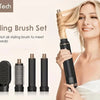 A blonde woman holds a black hot air styling brush set featuring five different hair tools.