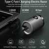 A silver electric razor device shown next to a laptop and various charging options.