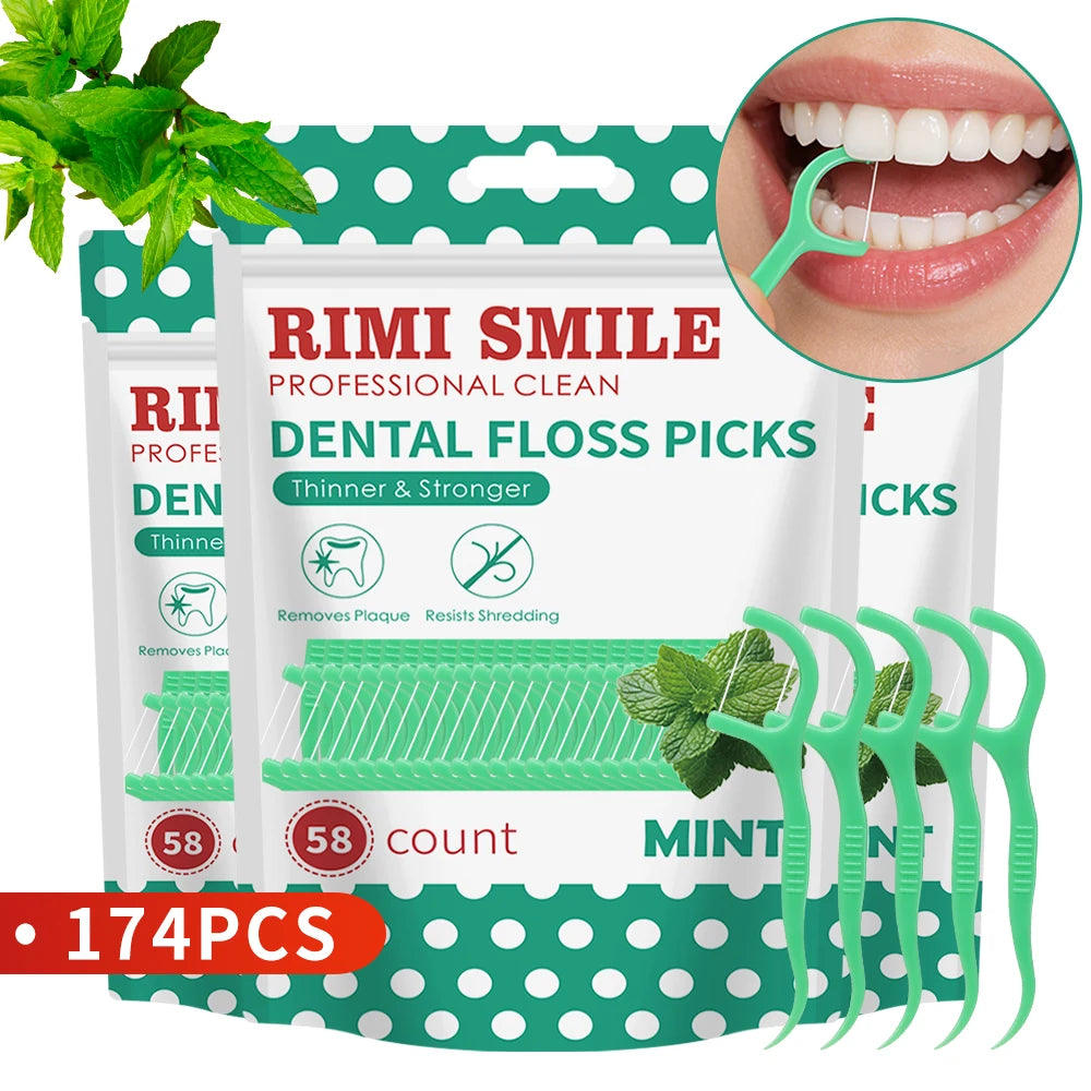 Pack of 58 count Rimi Smile professional clean dental floss picks with mint flavor in a green case