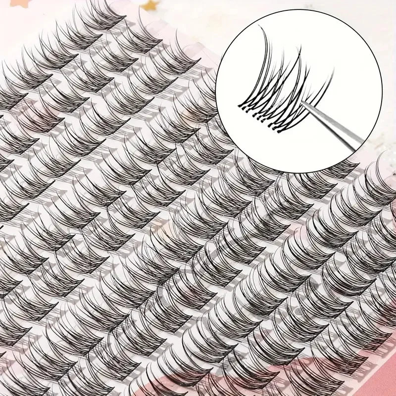 A close-up view of natural 12mm DIY tufted eyelash extensions showing the curl and application technique.