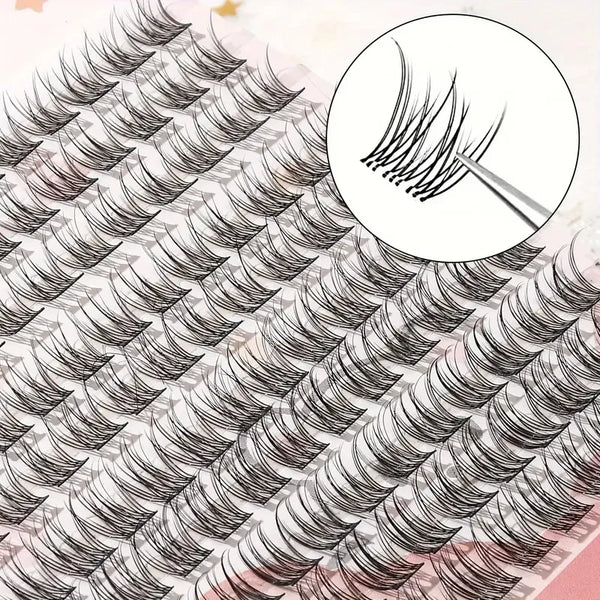 A close-up view of natural 12mm DIY tufted eyelash extensions showing the curl and application technique.