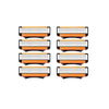 Four replacement razor heads with silver and black blades shown side by side.