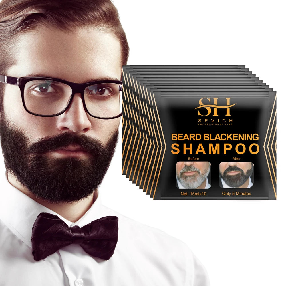 A man with a beard wearing glasses is shown next to a box of SH Sevich Beard Blackening Shampoo.