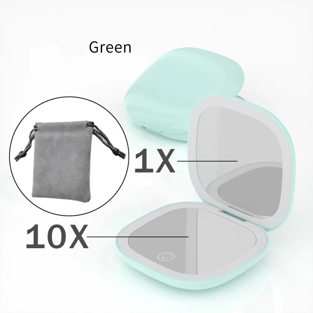 A green compact LED makeup mirror showing 1x and 10x magnification options, with a gray cloth included.