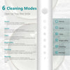 A white electric toothbrush with a display showing six cleaning modes for various levels of vibration and cleaning intensity.