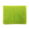 A rectangular block of bright lime green exfoliating mesh body scrub sponges.