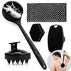 A set of black silicone body brushes including a long handle brush, a flat brush, and a handheld brush for showering.