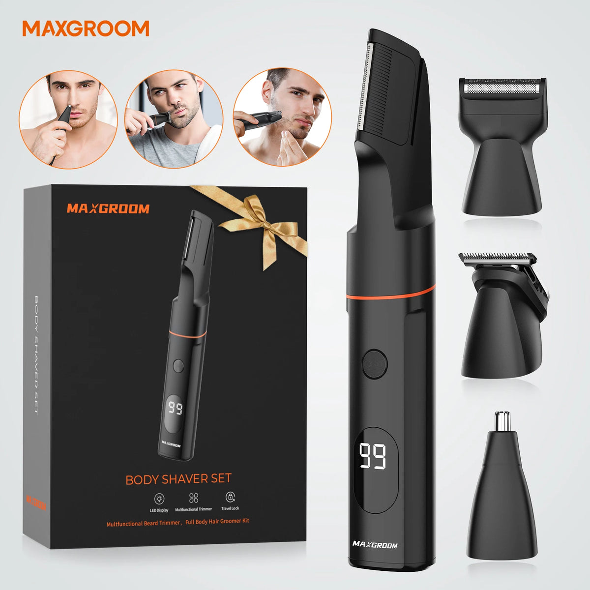 A black MAXGROOM body shaver set shown with various grooming tools and accessories.
