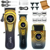 A set of professional dual-speed hair clippers and accessories, including a main unit and various blades.