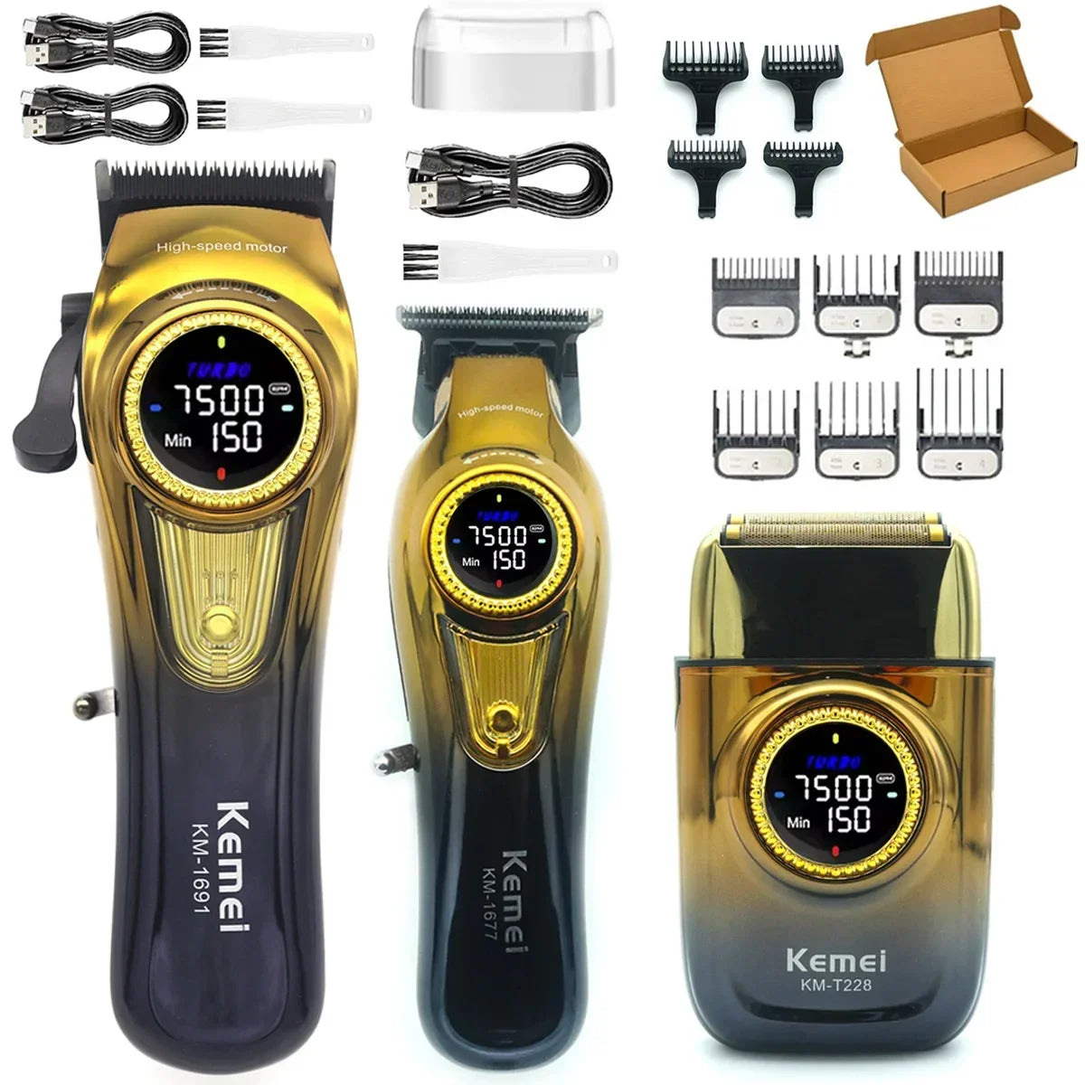 A set of professional dual-speed hair clippers and accessories, including a main unit and various blades.