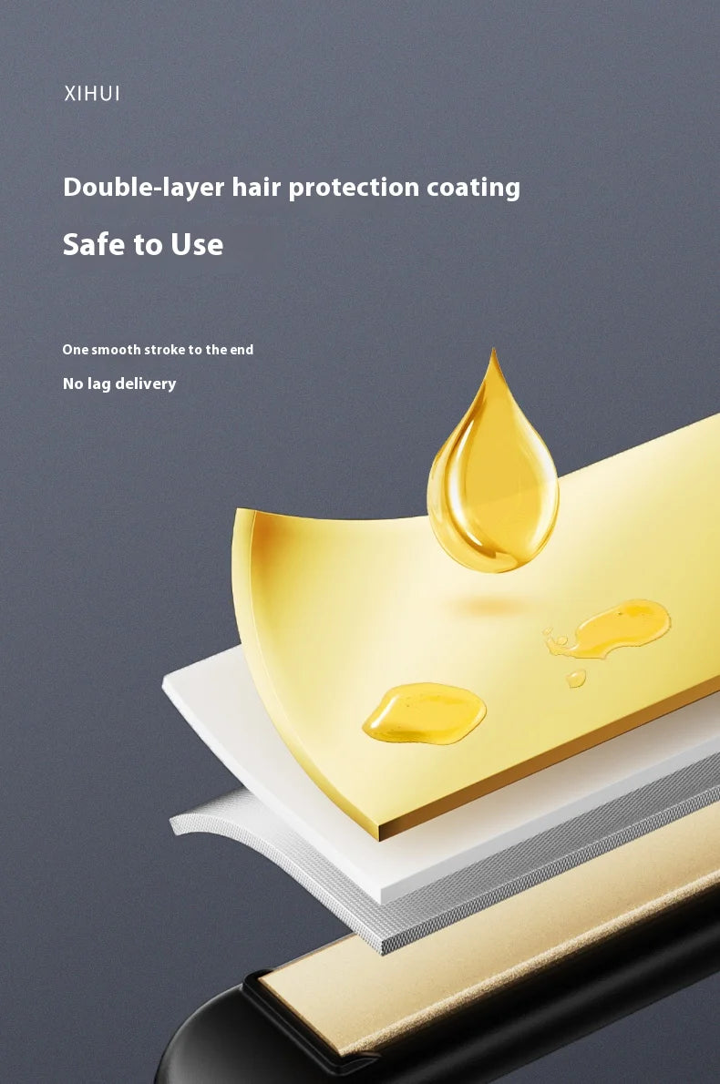 Primer plano de una herramienta para estilizar el cabello amarilla con recubrimiento de doble capa sobre papel blanco.