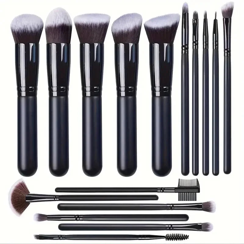A collection of professional makeup brushes and tools in black and gray.
