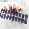 UV gel nail stickers featuring a dark purple glitter finish applied to fingernails.