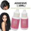 A bottle of Adhesive for lace wig bond and toupee tape hair extension is shown next to a woman with curly hair.