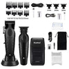 A collection of professional electric hair clipper kits including various blades, attachments, and a main body unit.