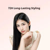 A woman with long black hair is shown in a close-up, demonstrating 72H long-lasting styling with a ceramic hair tool.